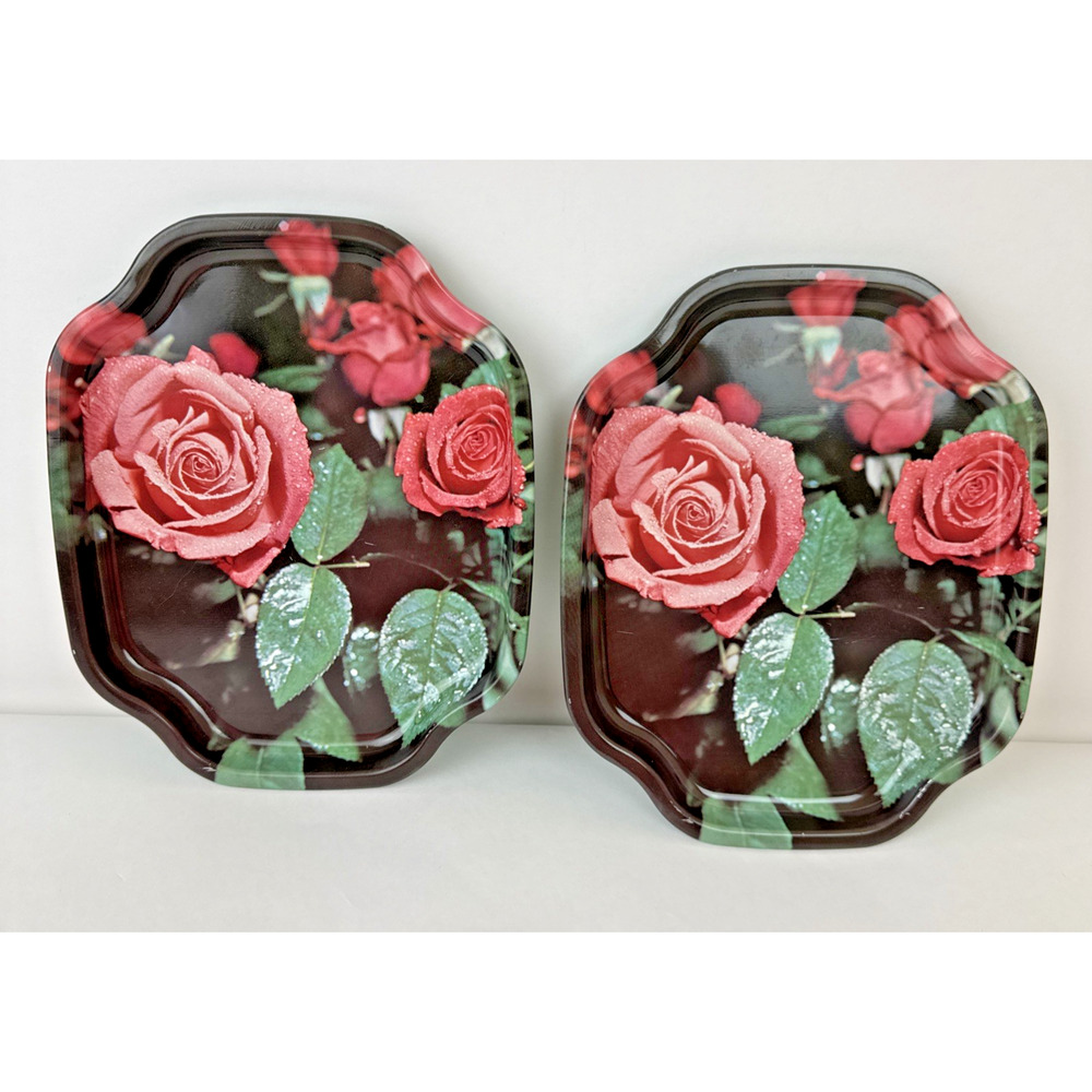 2 Vintage Elite Trays 7.5 Inch Metal Rose Vanity Trinket Tray England